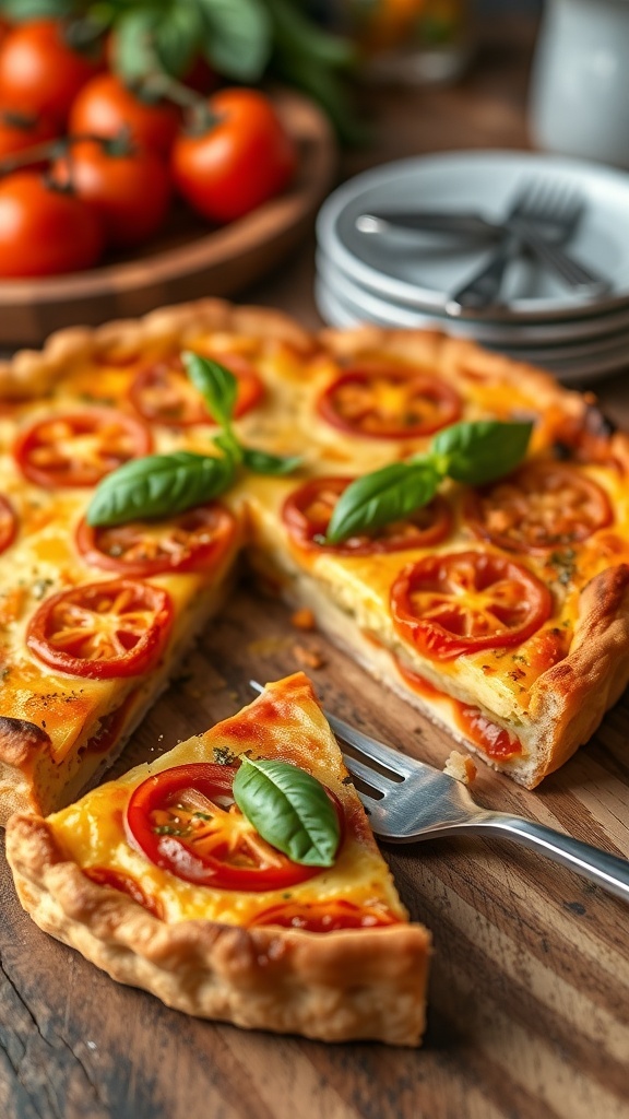 Savory Tomato Quiche Recipe A slice of tomato quiche with cheese and fresh basil on a wooden table.